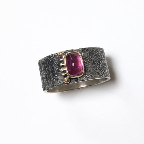 Reticulated Silver Ring, pink tourmaline set 18k gold bezel with gold accents,