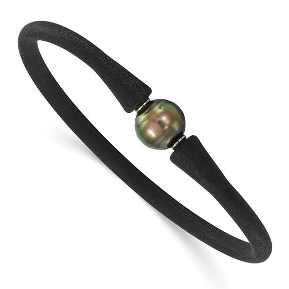 Chisel Stainless Steel 10-11mm Black Tahitian Pearl Black Silicone Bracelet with Hidden Clasp
