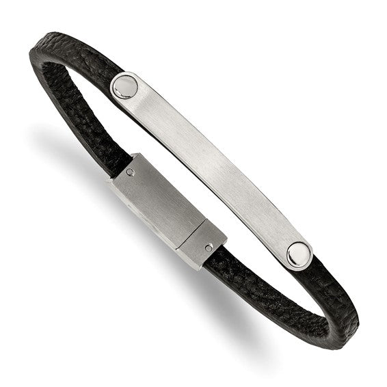 Chisel Stainless Steel Brushed Black Leather 8.25 inch ID Bracelet