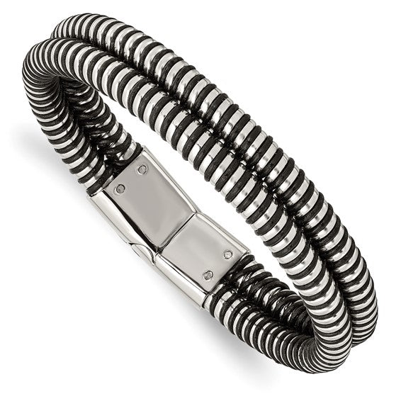 Stainless Steel Polished and Black Leather 8.5in Bracelet – Lireille