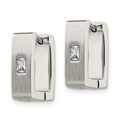 Stainless Steel Brushed and Polished with CZ 5mm Square Hinged Earrings