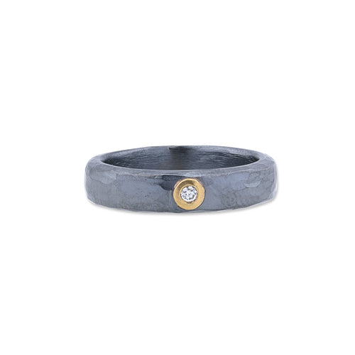 24K Gold & Oxidized Sterling Silver "Stockholm" Ring, Single Diamond With Gold Bezel