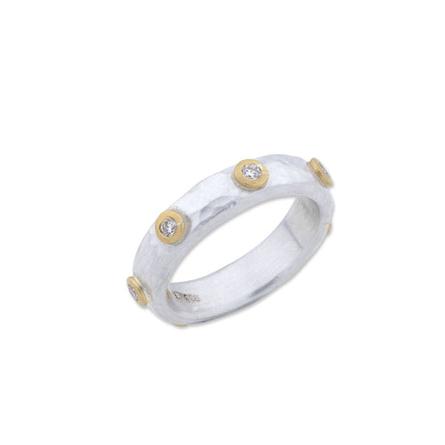 24K Gold & Sterling Silver "Stockholm" Ring, Surrounded By 7 Diamonds