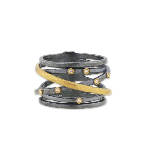 Stockholm Crosswire Oxidized Silver Ring with 11 Diamonds in 24k Gold Bezels