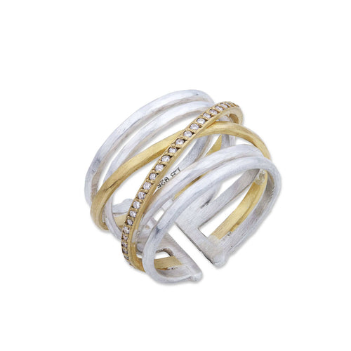 Stockholm Crosswire Silver Ring 22k Gold and Diamonds