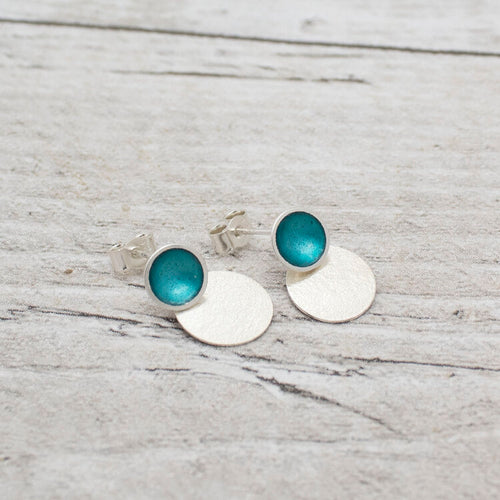 Halo Small Enamel Studs with Textured Silver Drop Detail