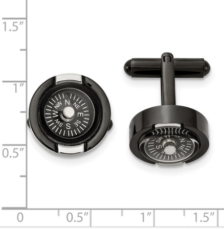 Stainless Steel Polished Black IP-Plated Functional Compass Cufflinks