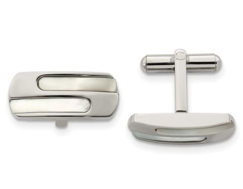 Mid Century Modern Stainless Steel Polished Mother of Pearl Cufflinks