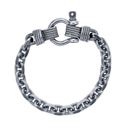 Sterling Silver Oxidized 8.7mm Beveled Cable Chain Bracelet with Nautical-style Clasp