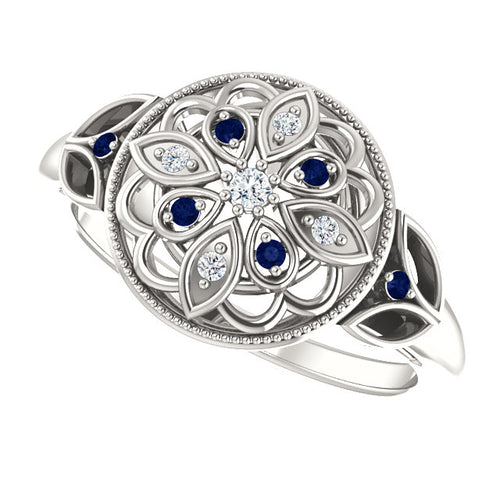 Vintage Inspired Sterling Silver Sapphire & .03 CTW Diamond Ring
