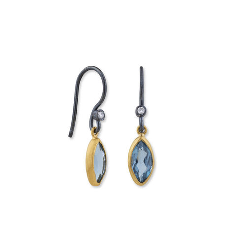 Short curved silver wiggly pendant with blue topaz & 18ct gold bead
