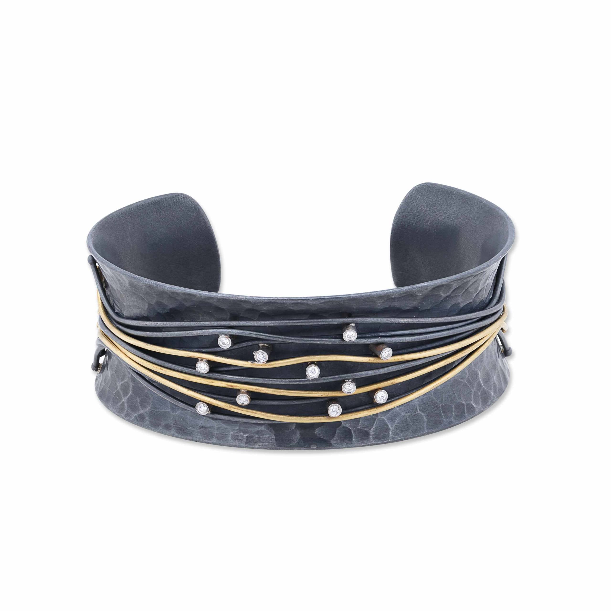 22K Gold & Oxidized Silver "Wiredance" Open Cuff Bracelet with Diamond
