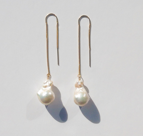 Comet Thread Earrings with Large White Freshwater Fireball Pearls