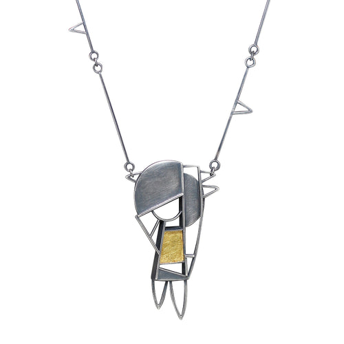 On of a kind Sculptural 'Journey' long necklace in oxidized silver and gold