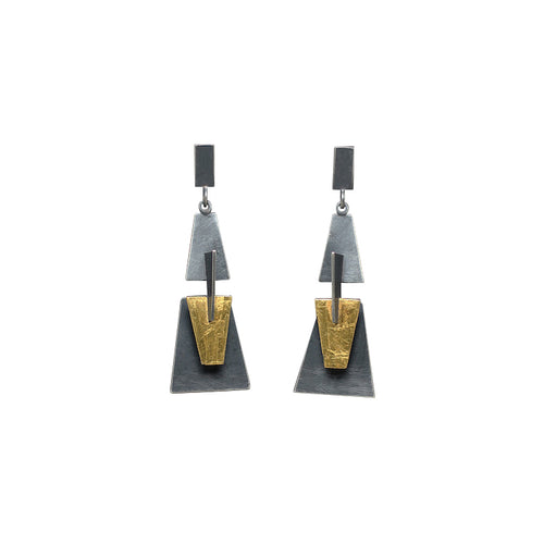 Trapezoidal Shape Flowers Earrings in Oxidized silver and gold