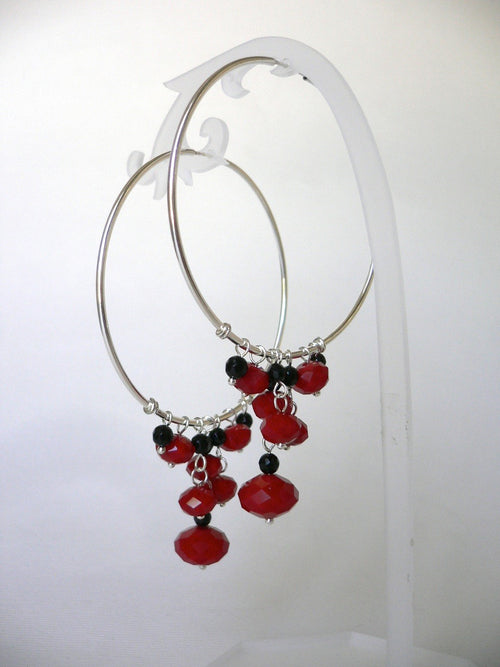 Black Agate and Red Glass Beads Hoop Earrings
