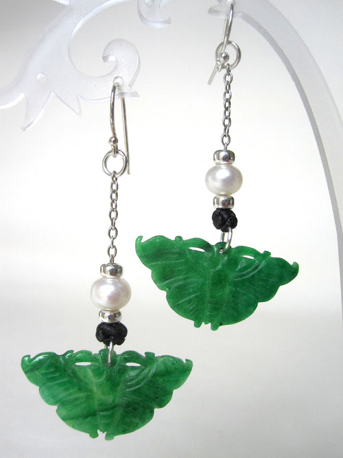 Jade Butterfly,  Fresh Water Pearls 925 Silver Beads, Hooks & Chain Black Chinese Silk Knots Earrings