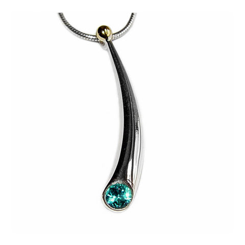 Curving silver wiggly pendant with blue topaz & 18K gold detail