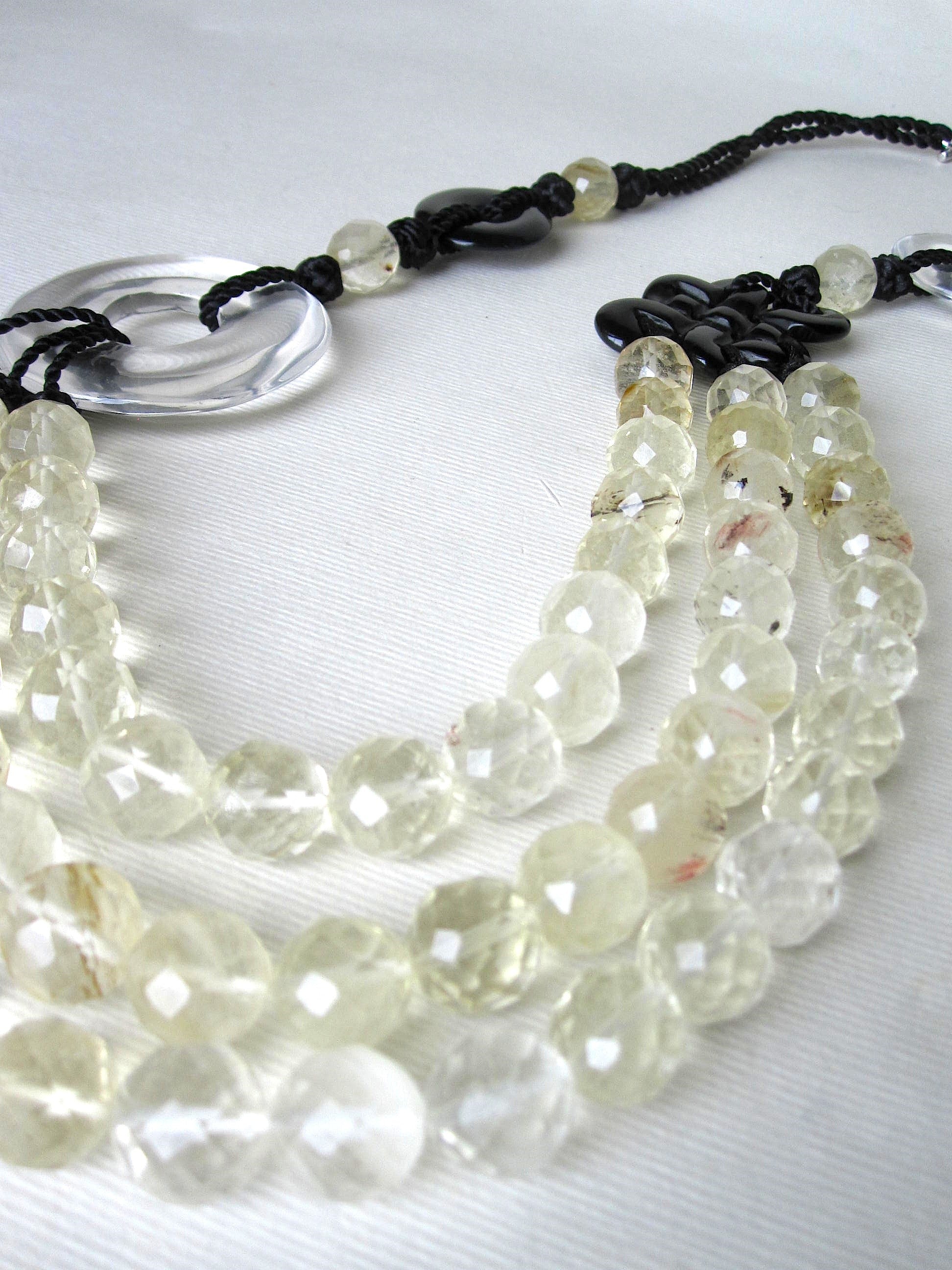 Cherry Quartz Beads Clear Crystal Disc, Black Agate, Black Chinese Silk Knots Necklace
