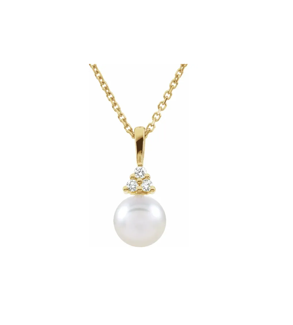 14K Yellow Cultured White Akoya Pearl & .05 CTW Natural Diamond Necklace