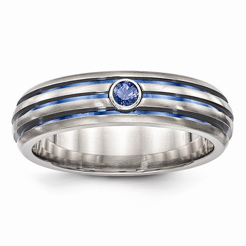 Titanium Triple  Groove Blue Anodized and Sapphire Ring