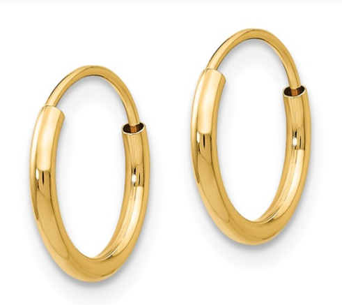 14k Gold 1.25 mm wide 12 mm Endless Hoop Earrings