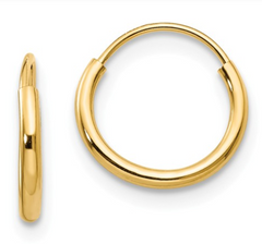 14k Gold 1.25 mm wide 12 mm Endless Hoop Earrings