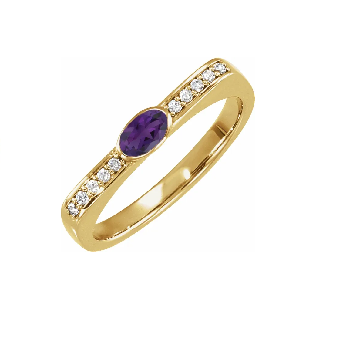 14K Gold Oval Amethyst and Diamond Accented Ring