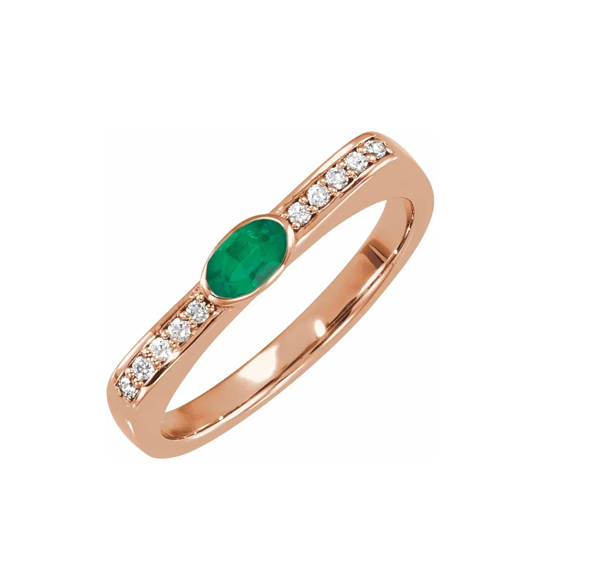 14K Gold Oval Emerald and Diamond Accented Ring
