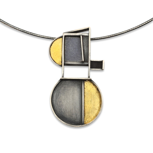 Half Moons Necklace in Silver and Gold With White Quartz Druzy and Ebony Wood