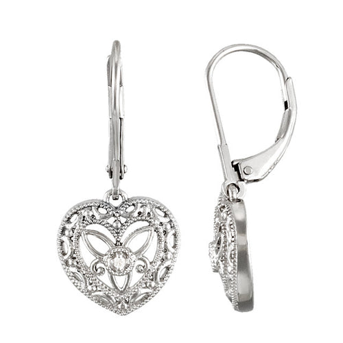 Vintage Inspired Sterling Silver Diamond Lever Back Heart Earrings