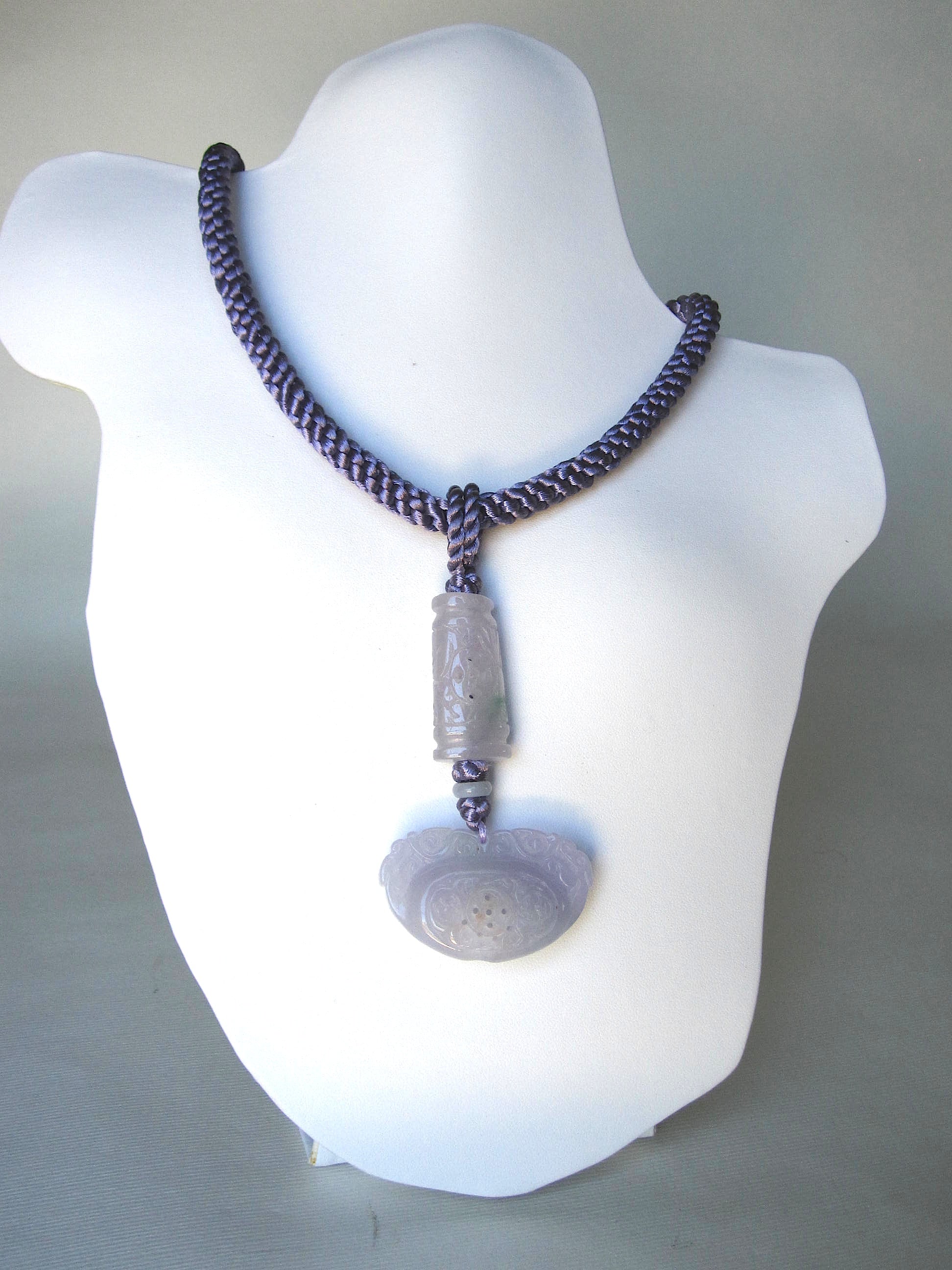 Natural Lavender Jade with Hand Braided Silk Choker & Knots Necklace