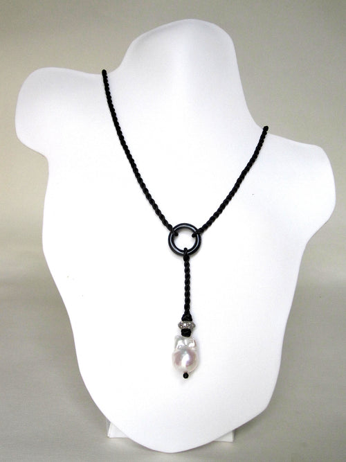 White Baroque Pearl and Black Agate Y Shape Necklace