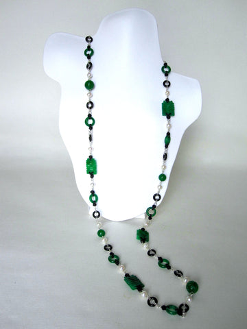 Green Carved Jade, Black Agate Carved Discs, Fresh Water Pearls, Black Chinese Knots Necklace