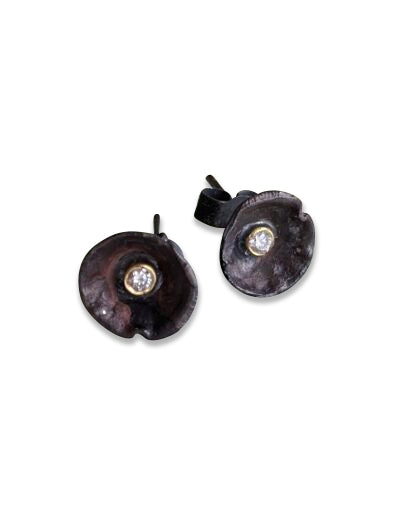 Oxidized Acorn Cup Studs with Diamonds in Sterling Silver, 18ct Gold and Diamonds