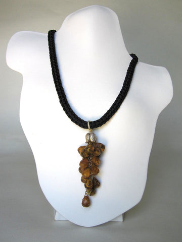 Dark Green Jade Carving, Crystal Pave Spacer, Black Silk Chain & Knots Necklace