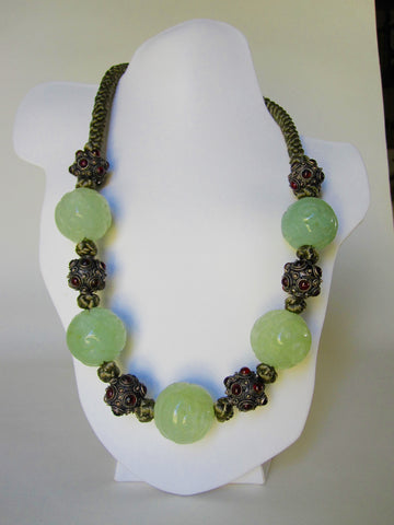 Dark Green Jade Carving, Crystal Pave Spacer, Black Silk Chain & Knots Necklace
