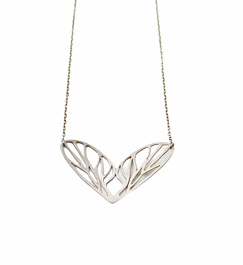 Wings, Large double necklace, silver, chain 26"