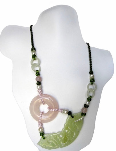 Shou Jade, Rose Quartz, Fresh Water Pearls, Green & Pink Chinese Silk Knots Necklace