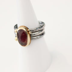 Red Tourmaline Cabochon in 18k gold bezel and Accents on Sterling Silver Oxidized Ring