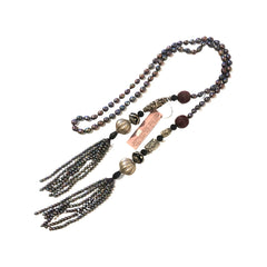 Peacock Baroque Pearl Lariat Necklace with Tribal Beads and Pearl Tassels