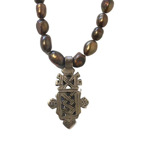 Freshwater Golden Brown Pearl Necklace with Ethiopian Cross
