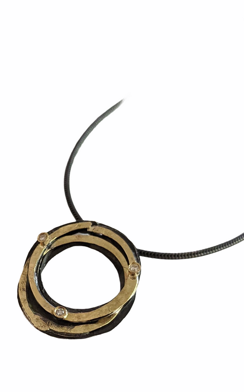 Oxidized Silver and Gold Wrap Pendant with 3 of 1.4mm Diamonds