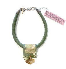 Green Silk Cord Necklace with Glass-gem Dragonfly and Carved Jade Pendant