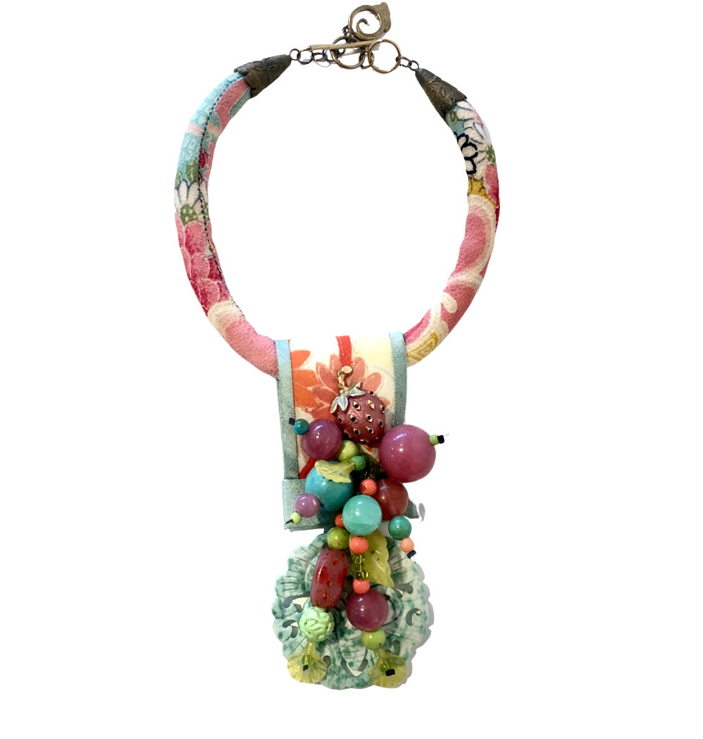 Floral Kimono Silk Cord Necklace with Assorted Embellishments and