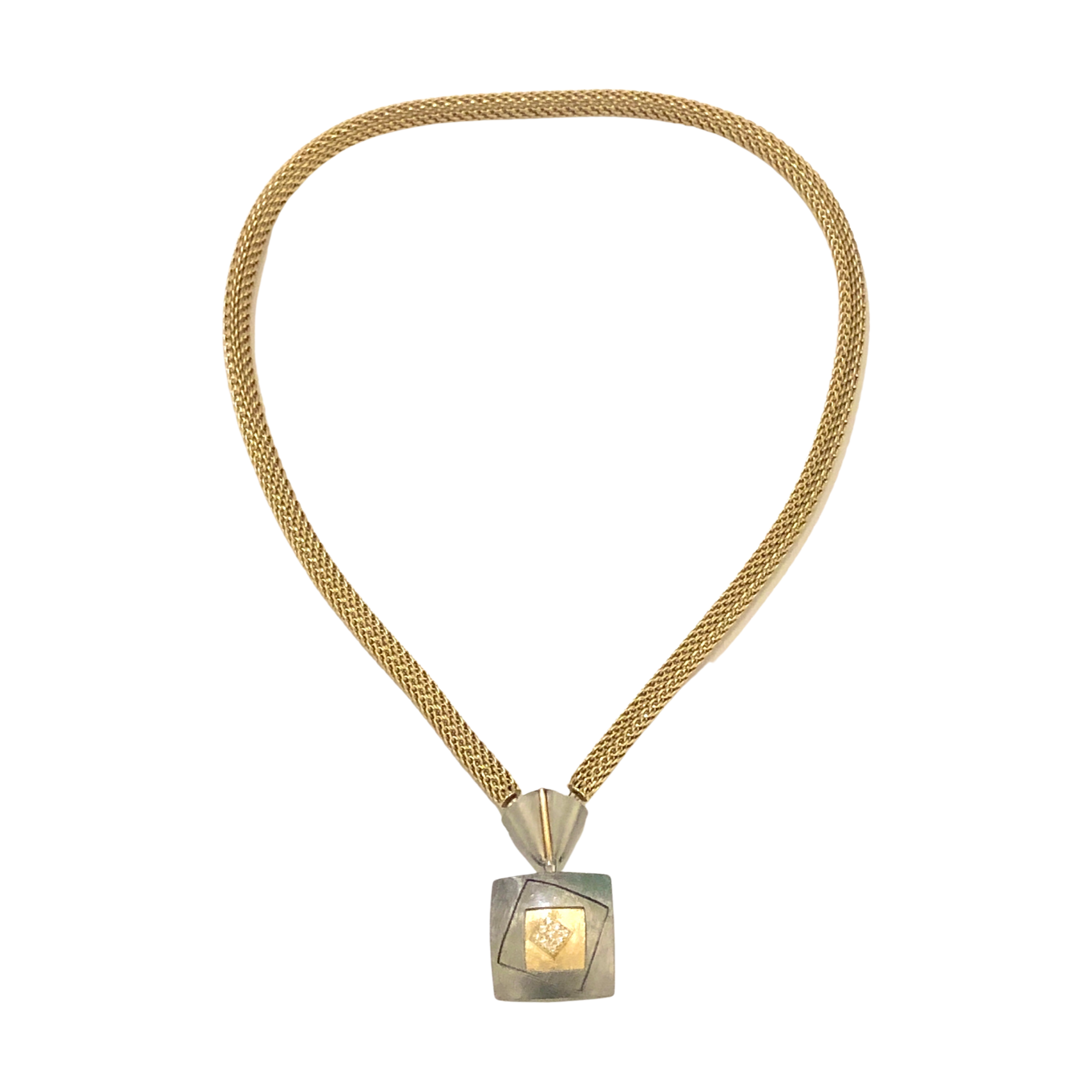 Diamond Square Pendant with Triangular Steel Connector on 18 Gold Mes –  Lireille