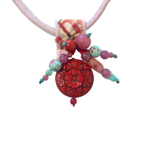 Pink Silk Cord Necklace with Cinnabars, Dragonfly, and Amethyst and Peking Glass Beads Embellishments