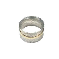 14k Flat Yellow  Gold Spinner Ring & Wide Sterling Silver Hammered Concave Band