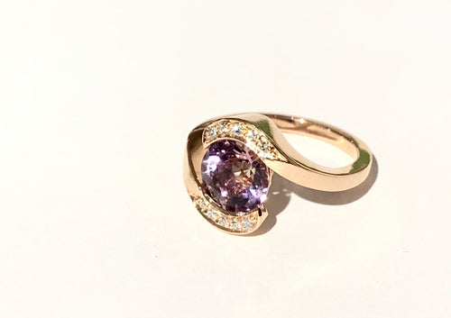 18k rose gold Bypass ring set with custom cut 8mm round Amertrine, pave set with 10 GH VS Canadian diamonds.
