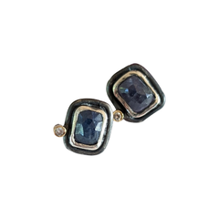 Oxidized Silver Sapphire with Diamond Accent Studs Earrings